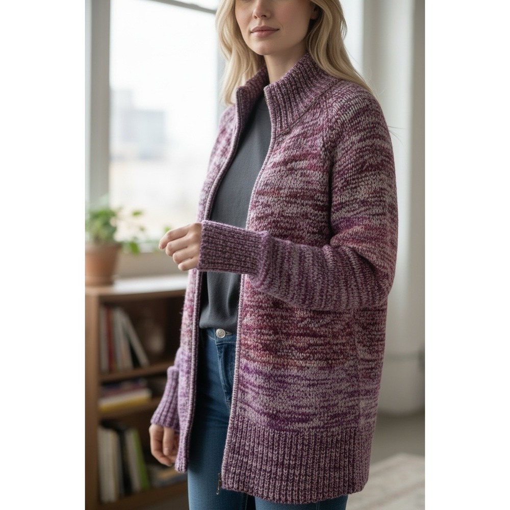 Eddie Bauer Womens Sweater Small Purple Marled Full Zip Knit Cardigan